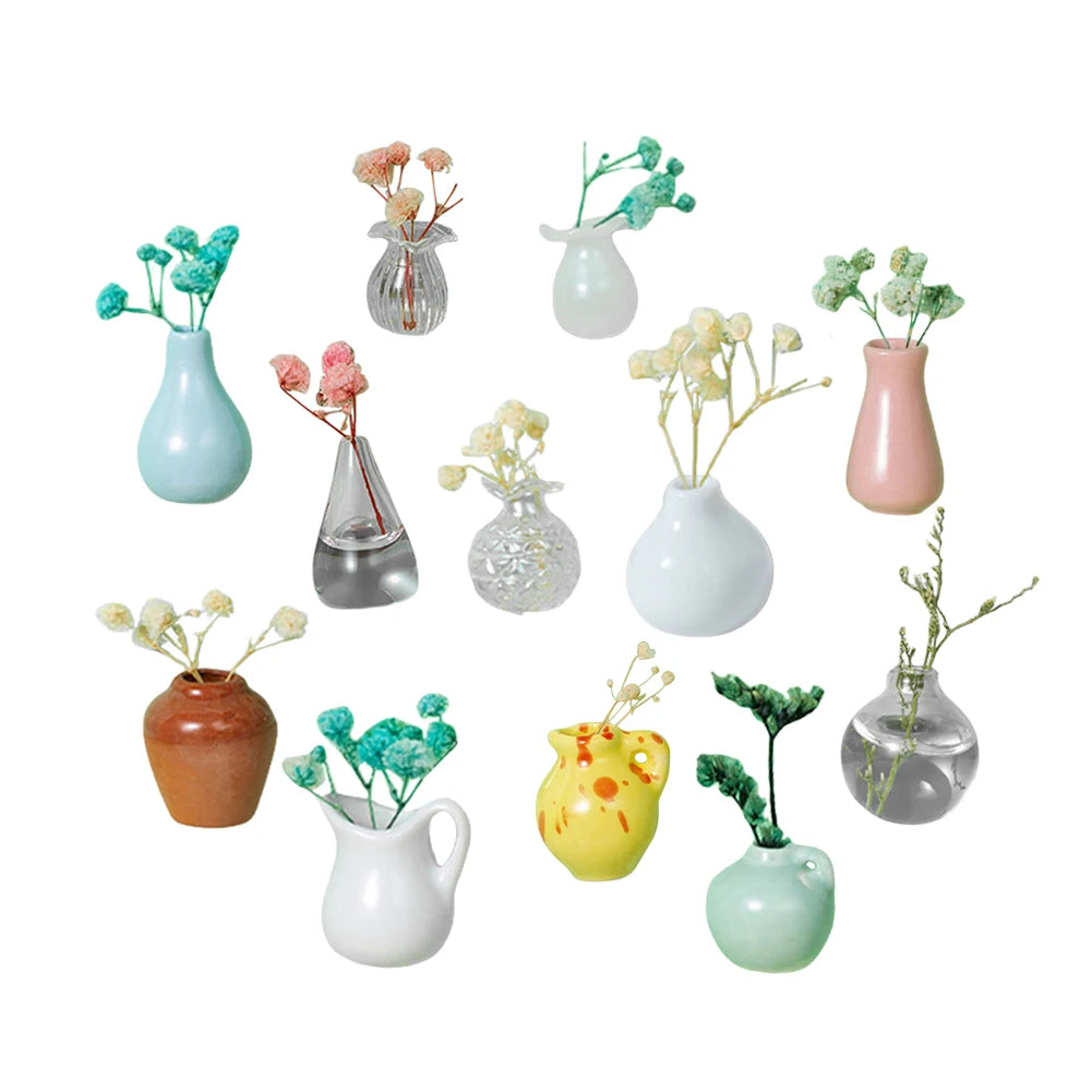 3-14pcs Set Mini Ceramics Vase Fridge Magnets Label Mini Bonsai Magnet Button Potted Simulation Flower Vase Refrigerator Message