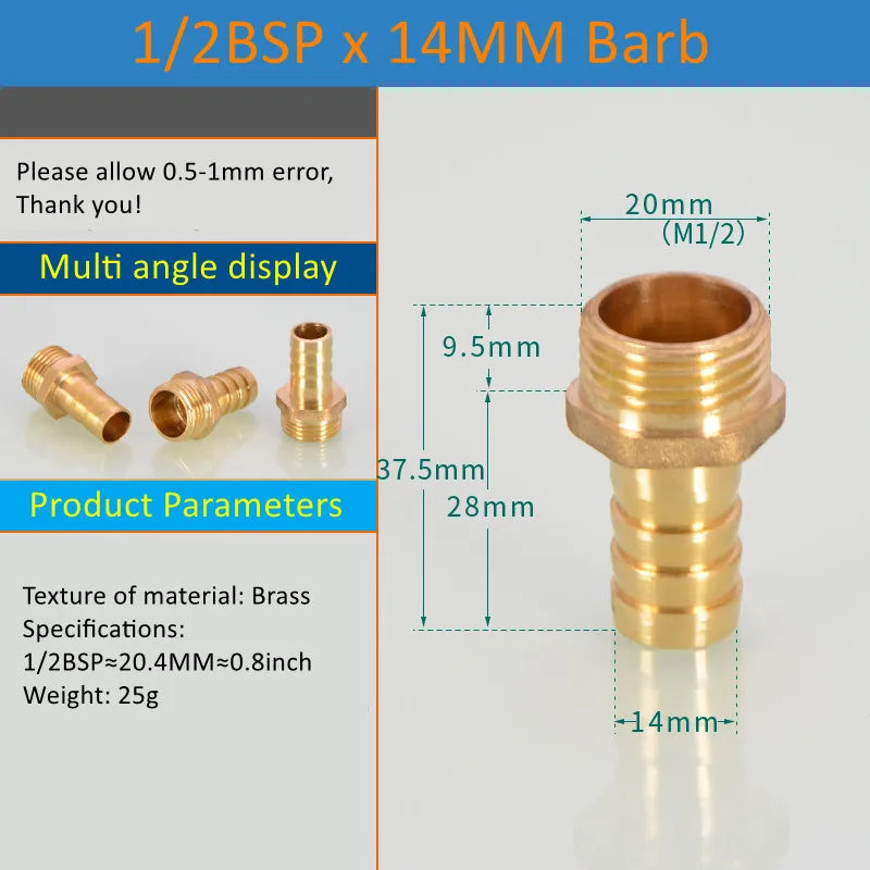 Brass Pipe Fitting 6/8/10/12/14/16mm Hose Barb Tail 1/8" 3/8" 1/4" BSP Male Connector Joint Copper Coupler Adapter