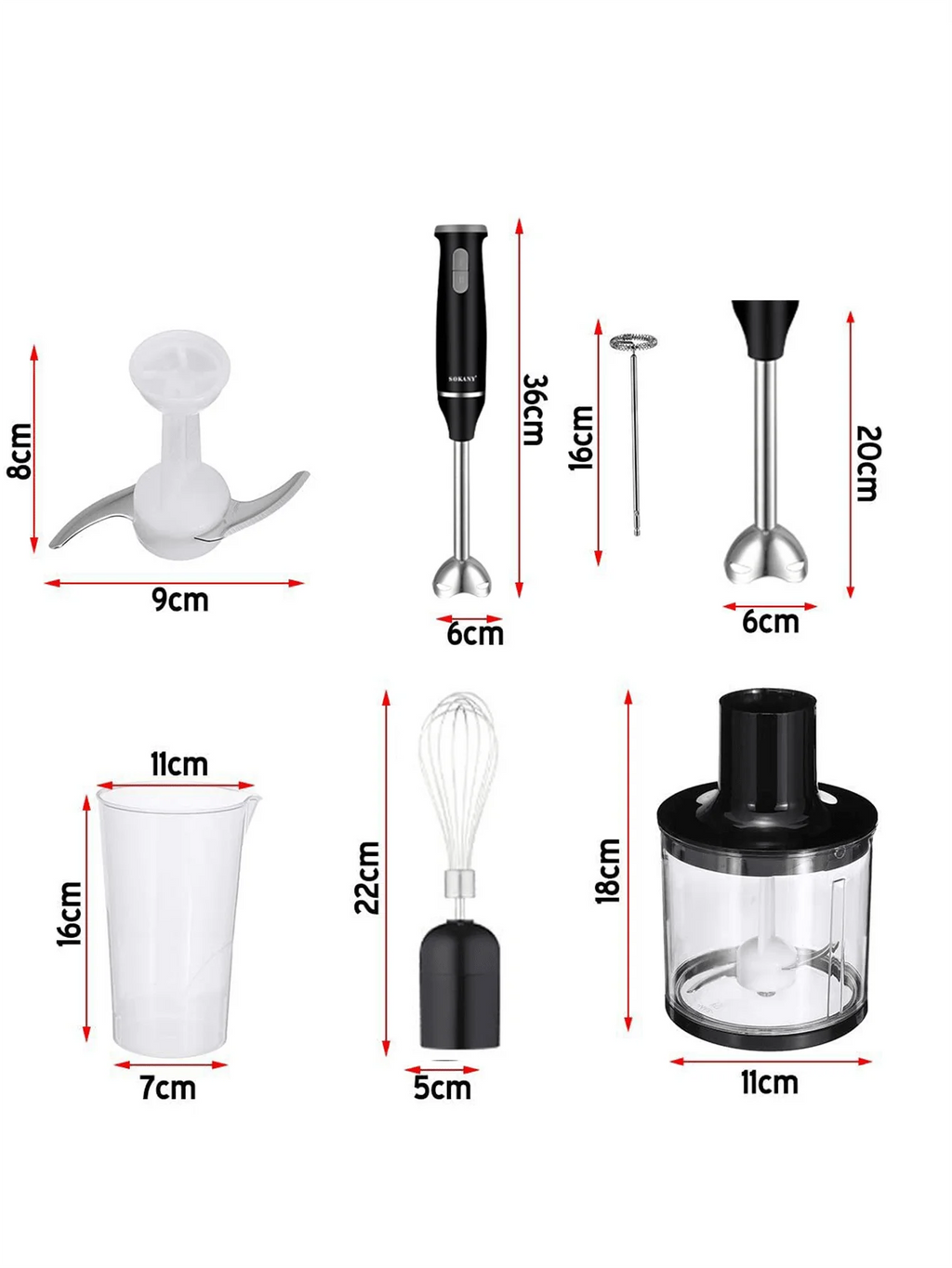 SOKANY 1714 Immersion Hand Blender, 2-Speed, 5-in-1, Hand Mixer, Whisk, Meat Chopper, Measuring Cup