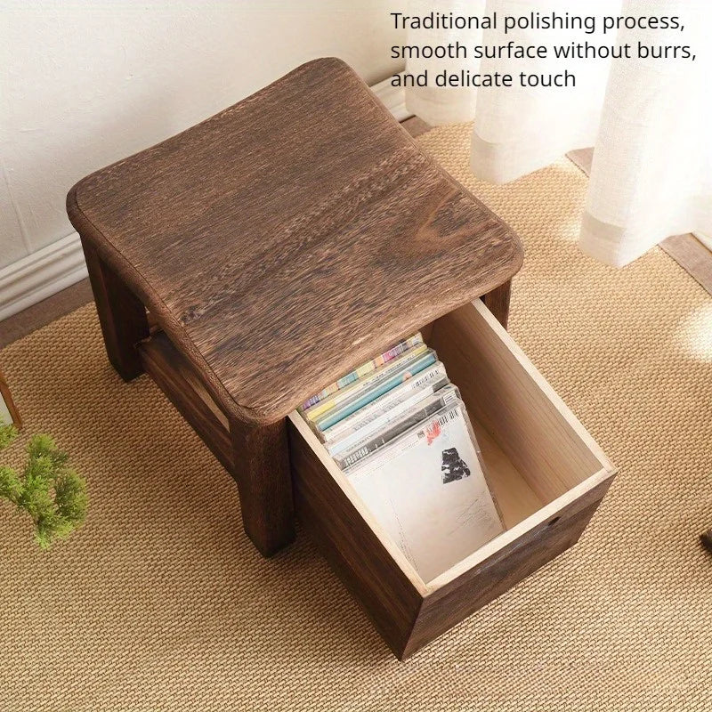 Dark Brown Wooden Shoe Changing Stool with Storage - Armless, Non-Padded, Classic