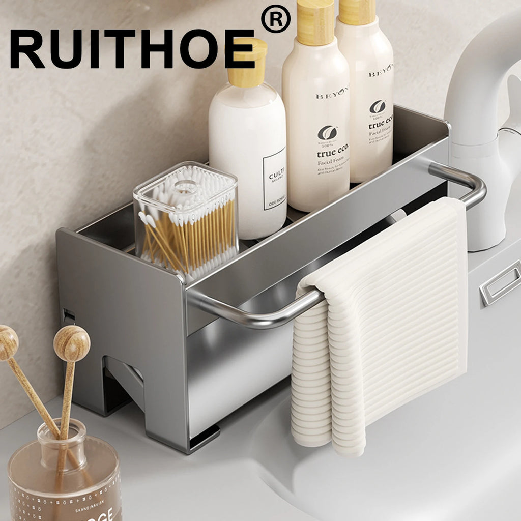 Kitchen Sponge Holder Carbon Steel Sink Drain Rack Soap Drainer Towel Rack Shelf Organizer Bathroom Storage Accessories