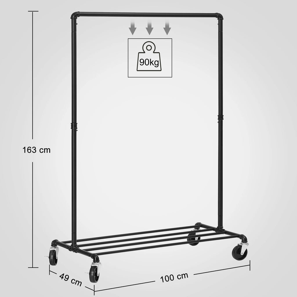 SONGMICS Heavy Duty Metal Clothes Rack on Wheels, Holds 90 kg, Industrial Design, Coat Stand with 1 Clothes Rail and Shelf