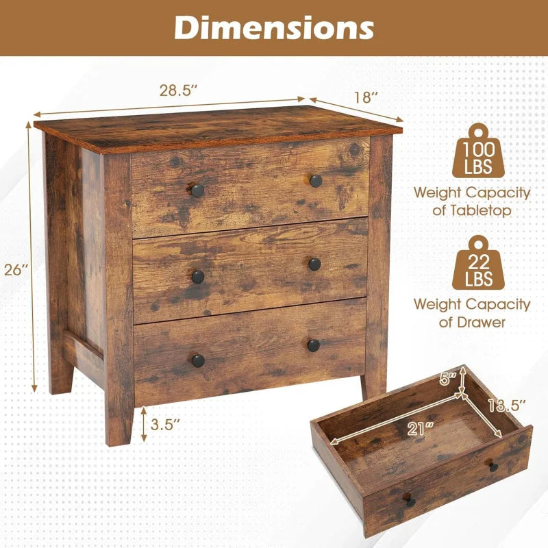 Small 3-Drawer Dresser for Bedroom - 28.5” x 18” x 26” Wide Chest of Drawers, Modern Large Nightstand, Storage Cabinet,