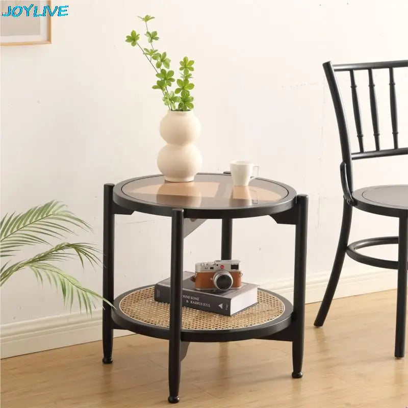 JOYLIVE Rattan Coffee Table Japanese Double Layer Detachable Solid Wood Table Glass Round Home Small Table 2022 New Dropshipping