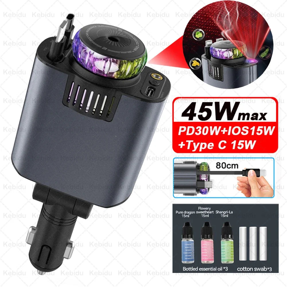 5-In-1 Car 45W Retractable Phone Charger with Type C PD Cable Aromatherapy Essential Diffuser Roof Starlight For IPhone Andriod