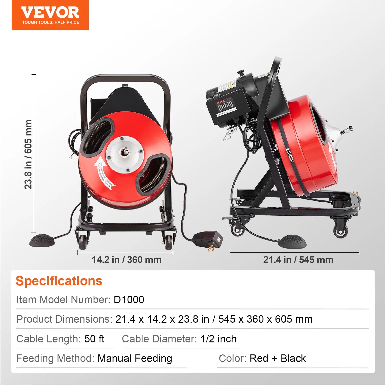 VEVOR Drain Cleaner Machine 50 FT x 1/2 Inch Manual Feed Sewer Snake Auger - with Wheels 4 Cutters & Air-activated Foot Switch