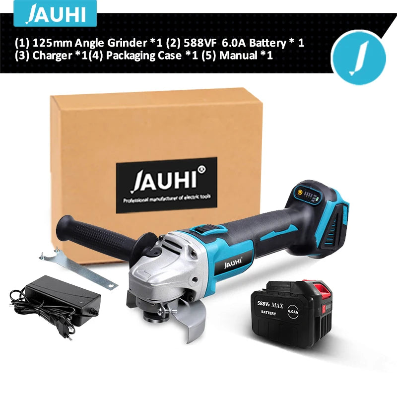 JAUHI 125mm Brushless Angle Grinder 4 Gears Cordless Grinding Machine Cutting Woodworking Power Tools For Makita 18V Battery