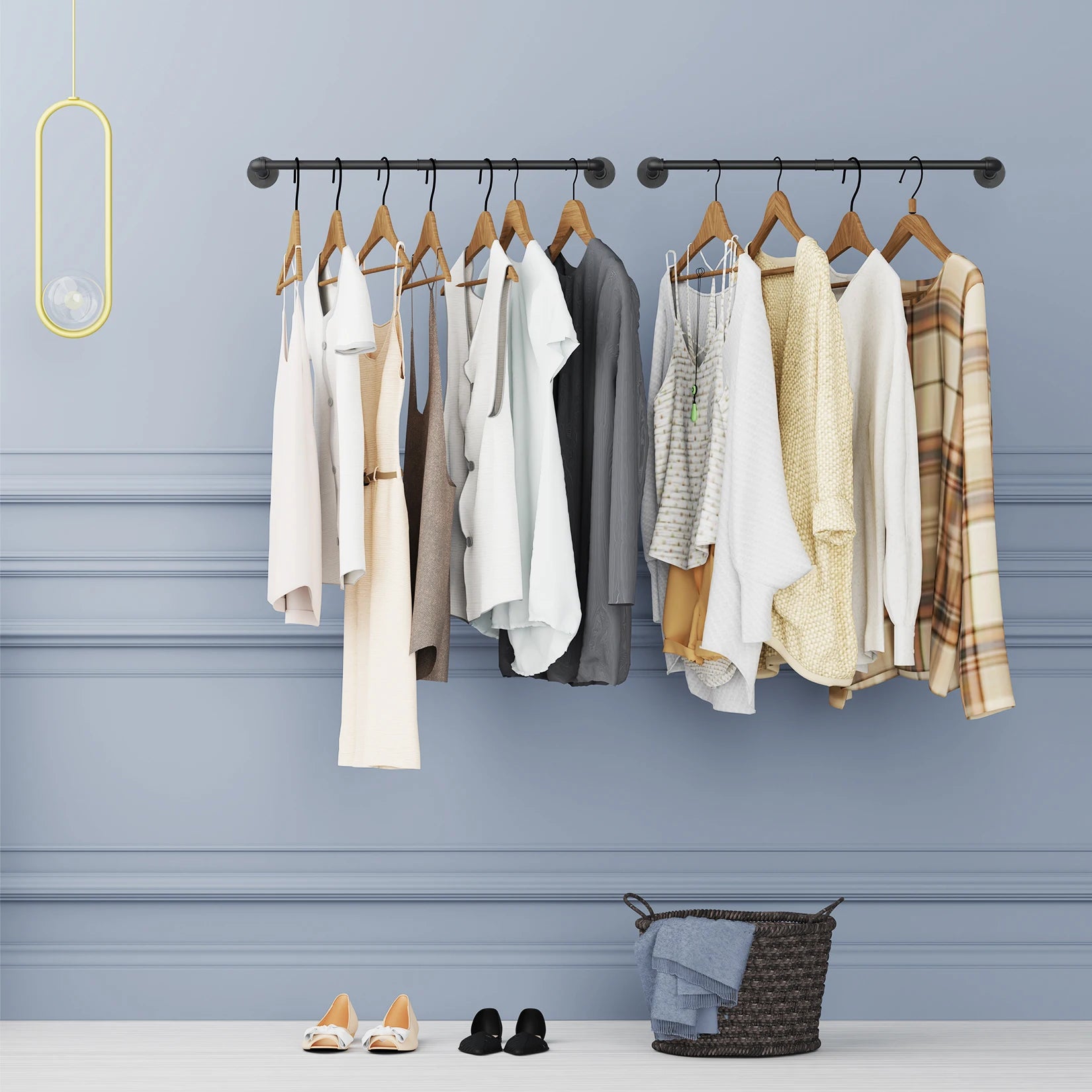 92cm Industrial Pipe Clothes Rack Wall Mounted Metal Garment Rack Hanging Rod Space-Saving