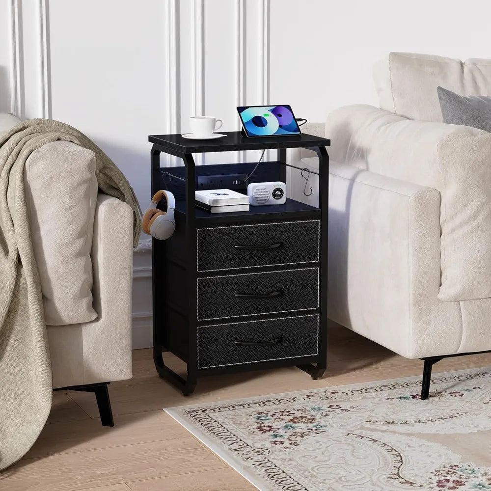 Bed Side Table with 3 Fabric Drawers,  LED Nightstand with Hooks, Bedside Table with Charging Station, End Table with Storage