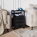 Bed Side Table with 3 Fabric Drawers,  LED Nightstand with Hooks, Bedside Table with Charging Station, End Table with Storage