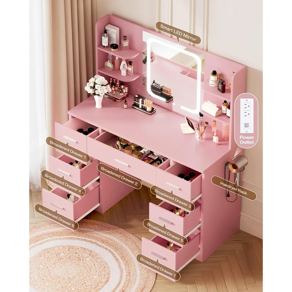 Large Makeup Vanity Desk. Pink, 43.3'Wx15.7'Dx53.2'H (Samrt LED Mirror, 4 Open Shelves, 7 Drawers, Hairdryer Rack, Power-Outet)