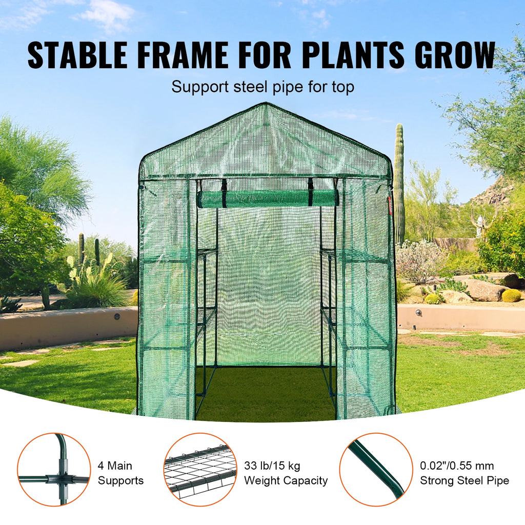SucceBuy Walk-in Green House Greenhouse with Shelves High Strength PE Cover with Doors & Windows and Steel Frame for Planting