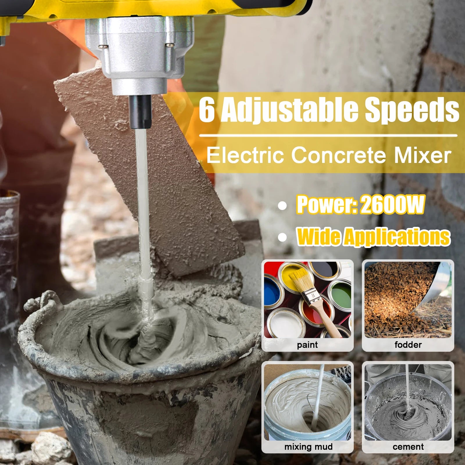 2600W Electric Concrete Mixer Portable Handheld Concrete Cement Mixer 6 Speeds Adjustable Mixing Machine Thinset Mortar Grout