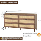 6 Drawer Double Dresser for Bedroom,Natural Rattan Modern Drawer Chest,Wooden Storage Wardrobe Dresser with Black Handles,Floor