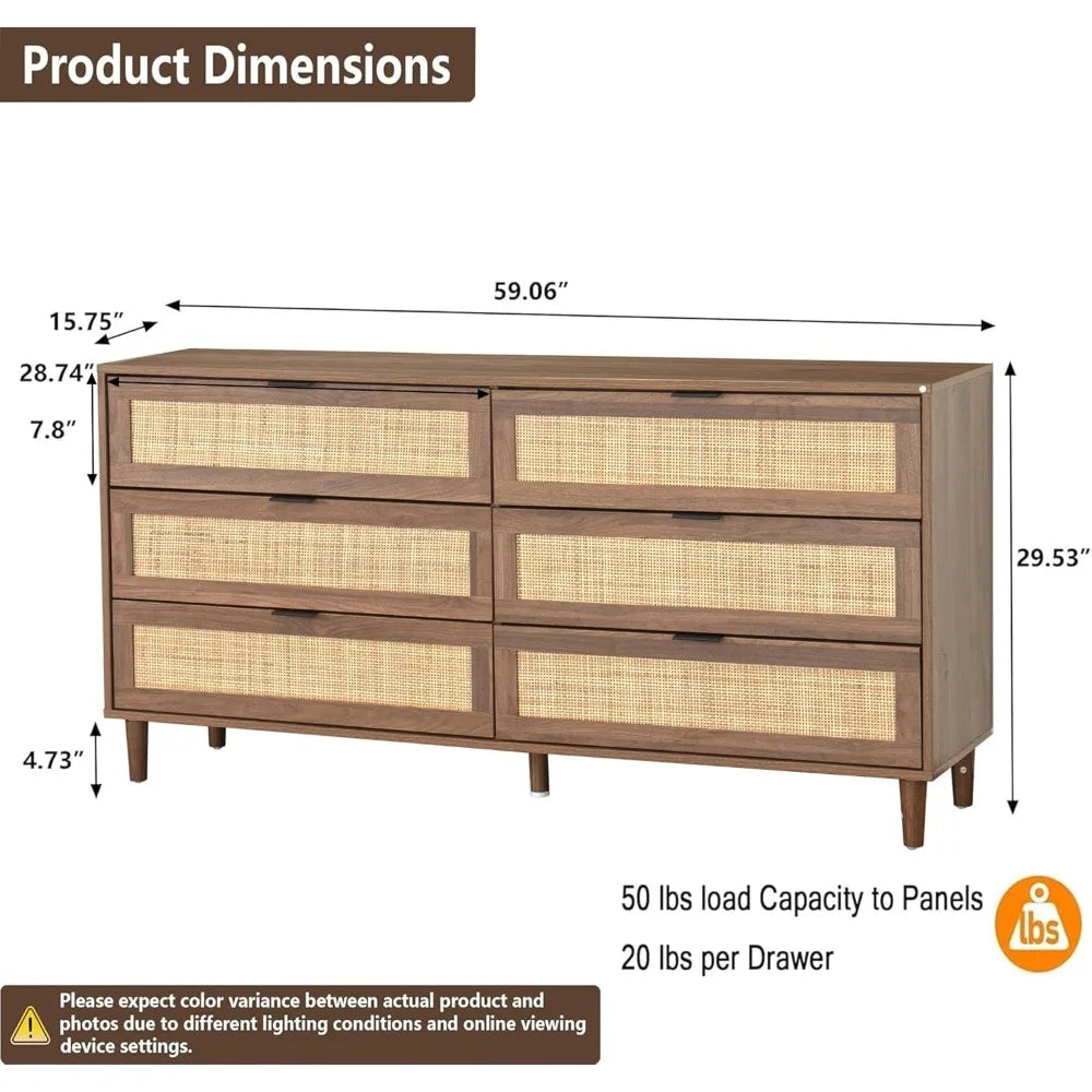 6 Drawer Double Dresser for Bedroom,Natural Rattan Modern Drawer Chest,Wooden Storage Wardrobe Dresser with Black Handles,Floor