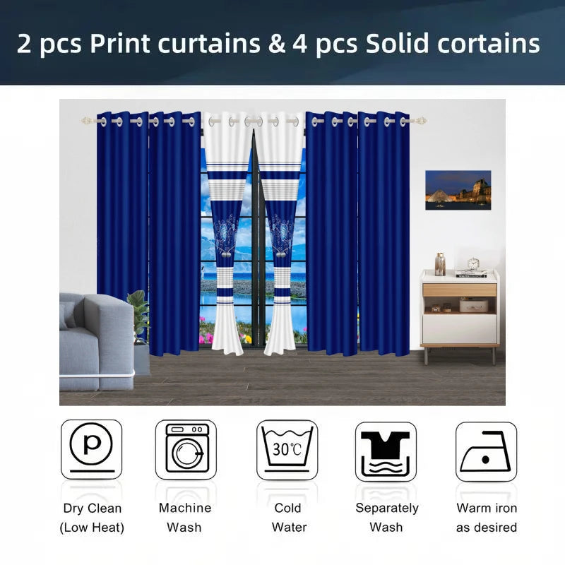 Royberry 9 Piece Thick Bedspread Set, Blue and White Flower, Inner Filling, Warmth, 3 Piece (1 * Bedspread, 2 * Pillowcase) 6 Piece Curtain Set (2 * Printed Curtain, 4 * Solid Curtain) Bedroom, Guest Room, Rv, Holiday Gift, 8