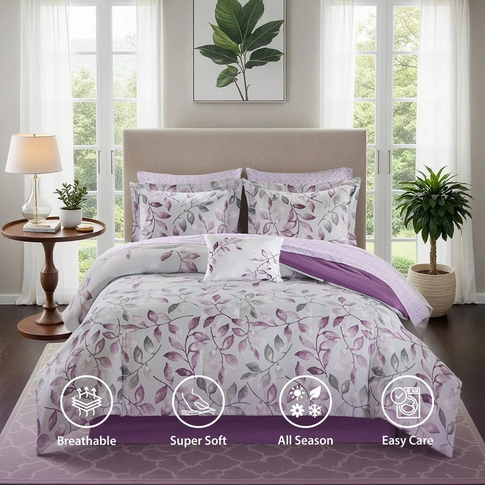 California King 9 Piece Botanical Comforter Set Cotton Bed in A Bag with Bedskirt Floral Design Elegant Shams Decorative Pillow