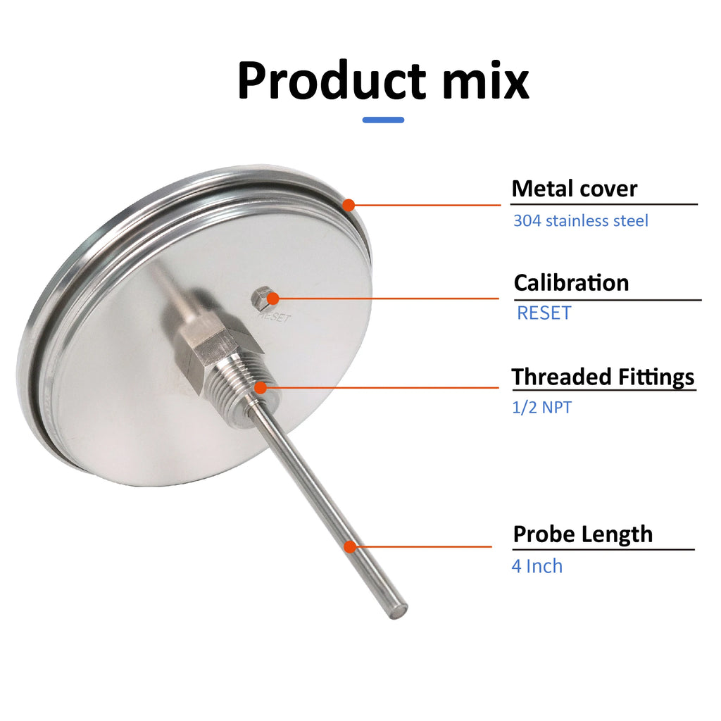 Stainless Steel Dial Bimetal Probe Thermometer Household Boiler Brewing Distilled Water Alcohol Thermometer Accessories