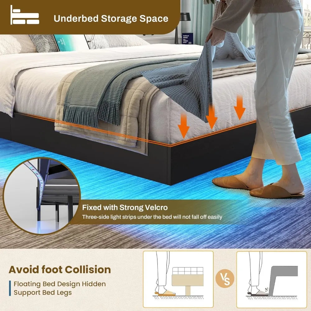 Floating Bed Frame with LED Lights and Headboard Storage, Visual Floating Bed with Charing Station,Queen Size Metal Platform Bed
