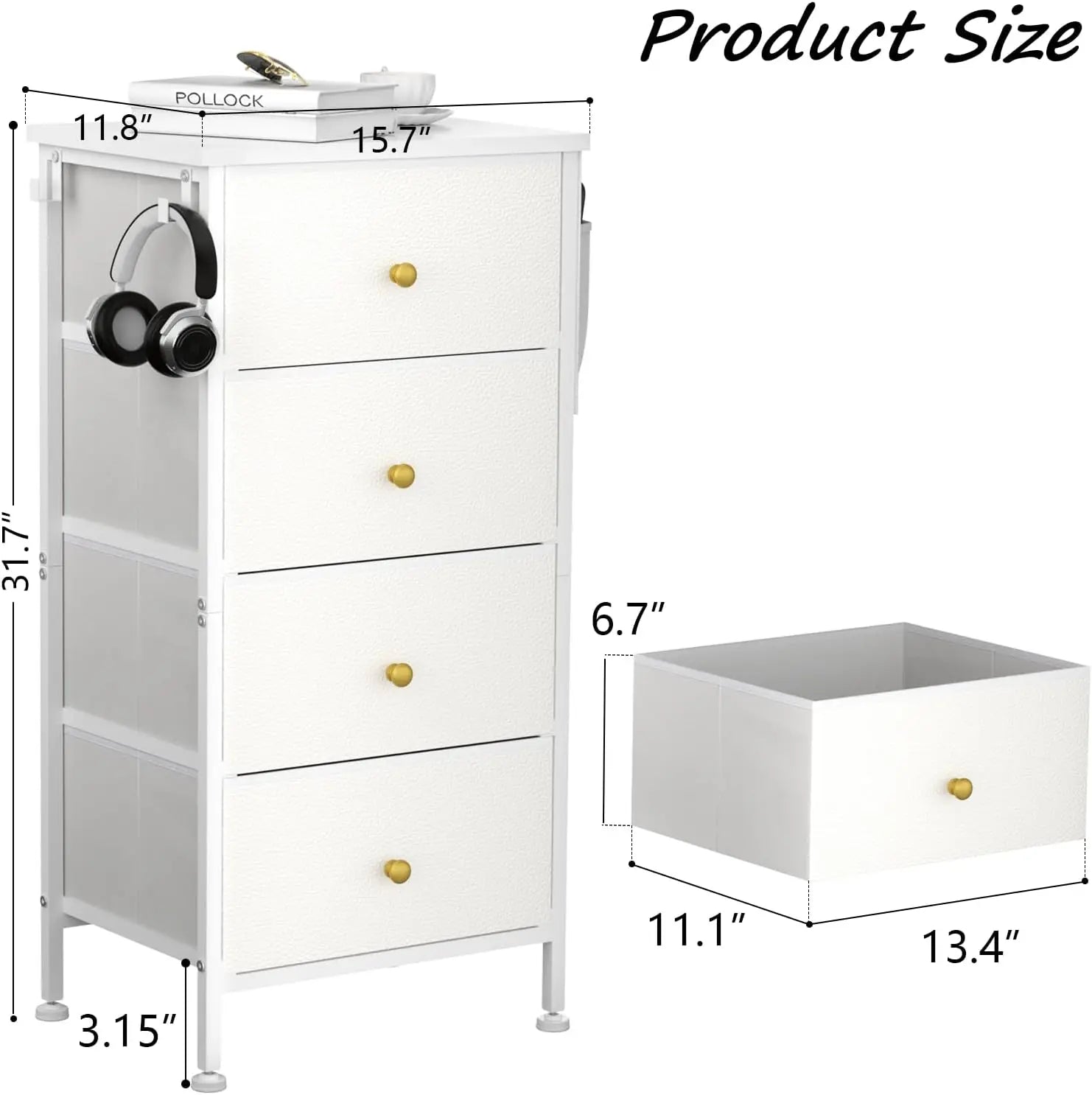 Tall Dresser with 4 Drawers,White Dresser for Bedroom, Tall Storage Tower for Closet,Nursery, Dorm, Dresser Organizer with Frame