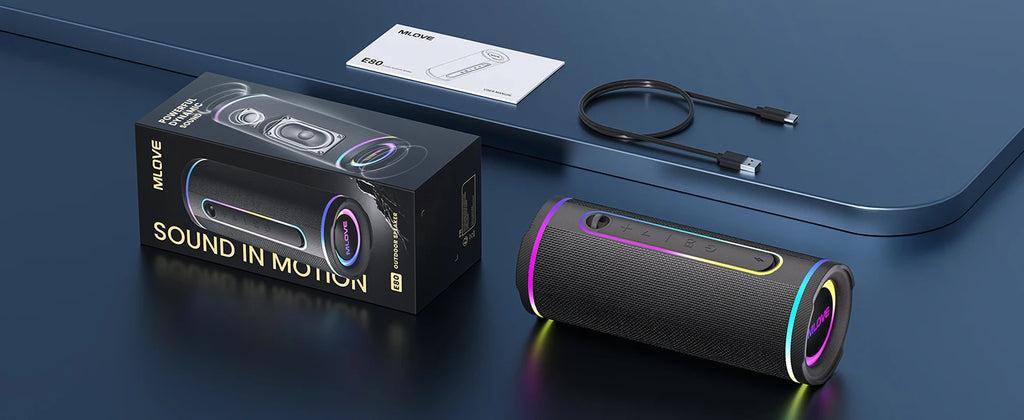 MLOVE E80 Bluetooth Speaker, Bluetooth 5.4, Dual Speakers, RGB Lights, IPX7 Waterproof, TWS Connectivity