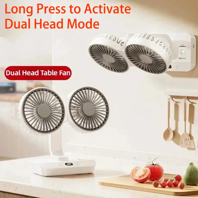 Double Head Desktop Fan 4 Speed Fast Cooling 8000mAh Digital Display A