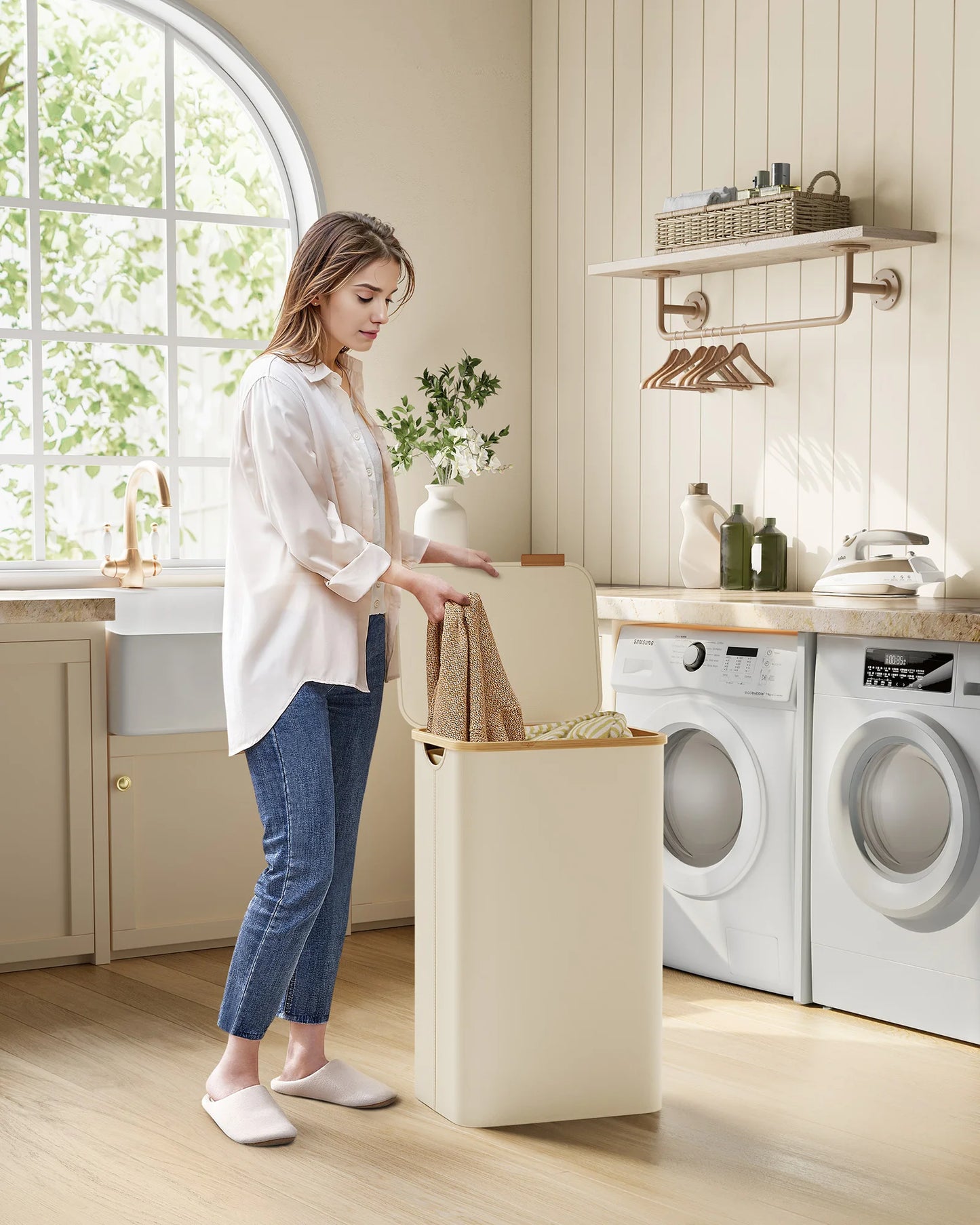 SONGMICS laundry basket with Lid Laundry Collector 90 L Removable Laundry Bag Oxford Fabric Bamboo Handles