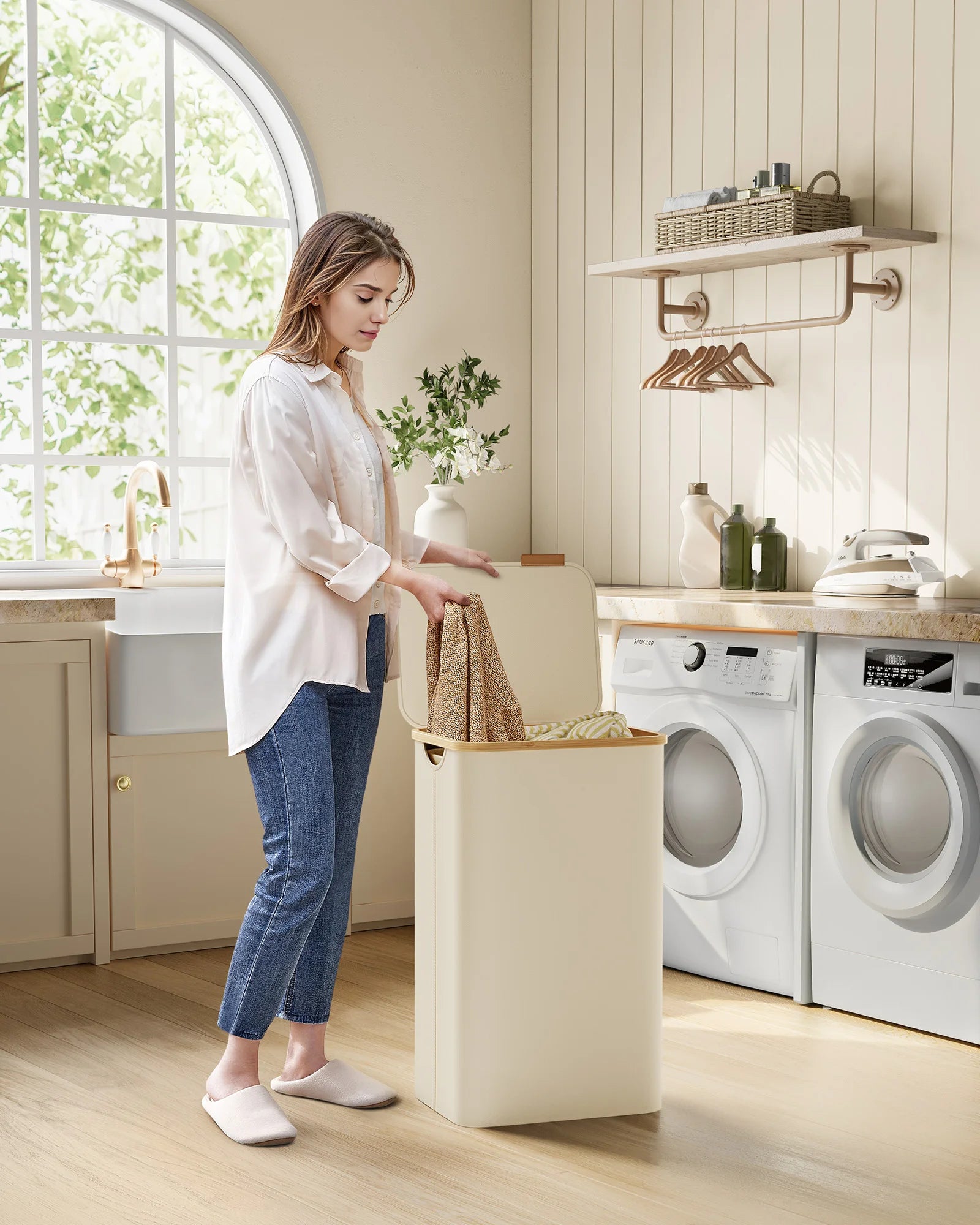 SONGMICS laundry basket with Lid Laundry Collector 90 L Removable Laundry Bag Oxford Fabric Bamboo Handles