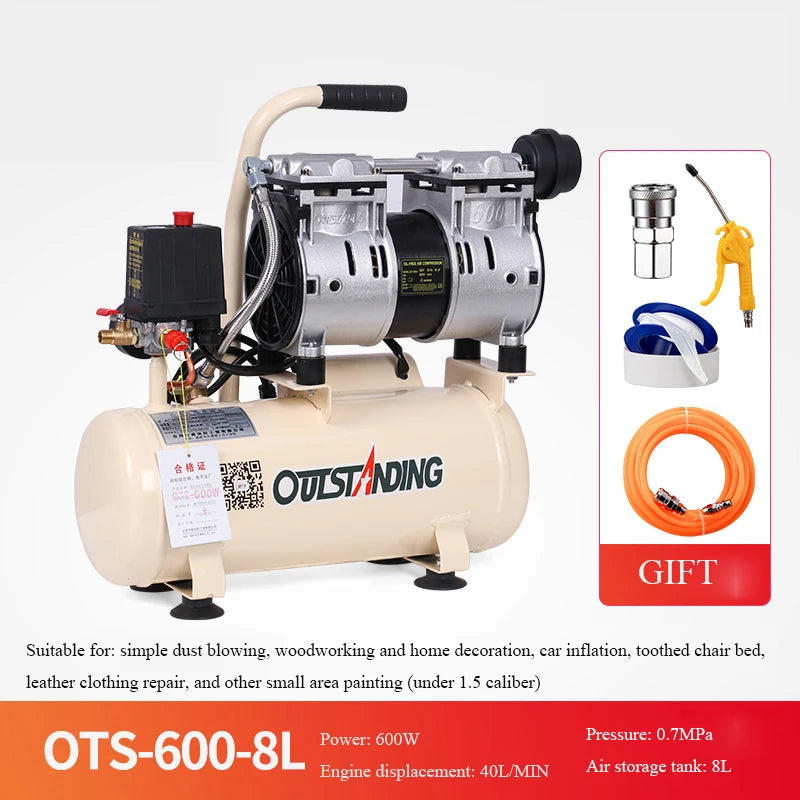 220V 8L Industrial Air Compressor Silent Oil-Free Air Compressor High-pressure Air Pump Low noise Car Air Compressor
