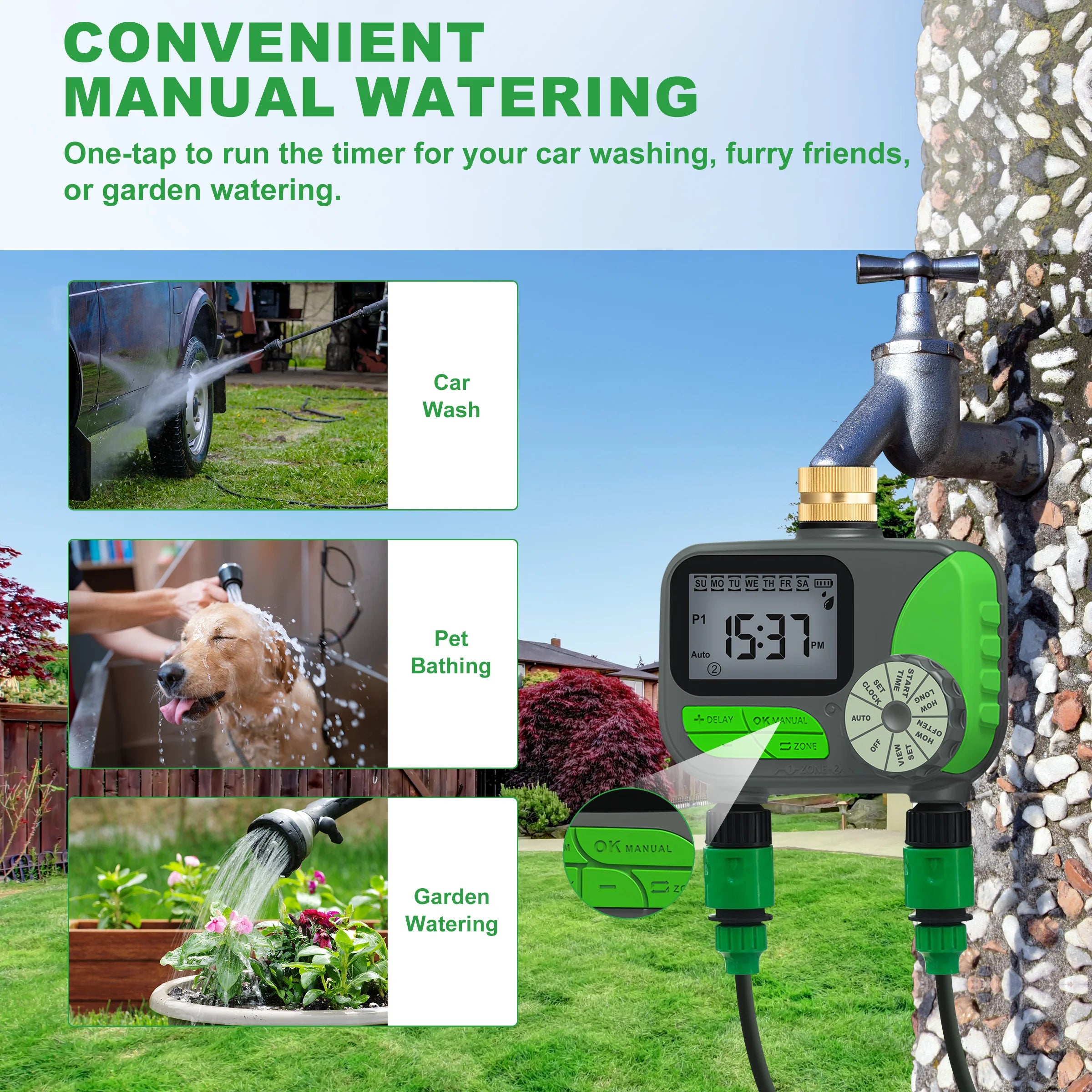 GIRIER Water Timer Programmable Sprinkler Timer with 2 Outlets Brass Inlet Automatic Irrigation Controller for Garden/Yard/Lawn