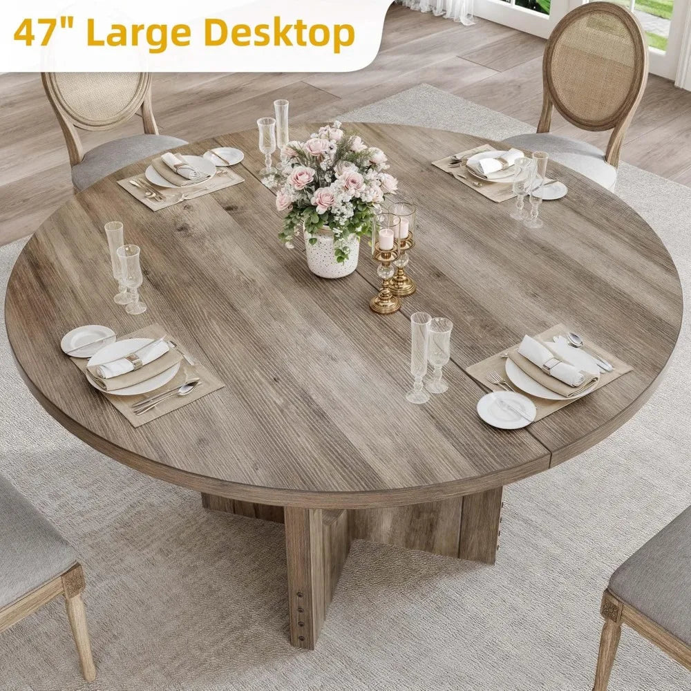 Round Dining Table for 4-6 People 47.24" Large Circle Dining Room Table Rustic Kitchen Table Round with Wooden Pedestal Base Fa