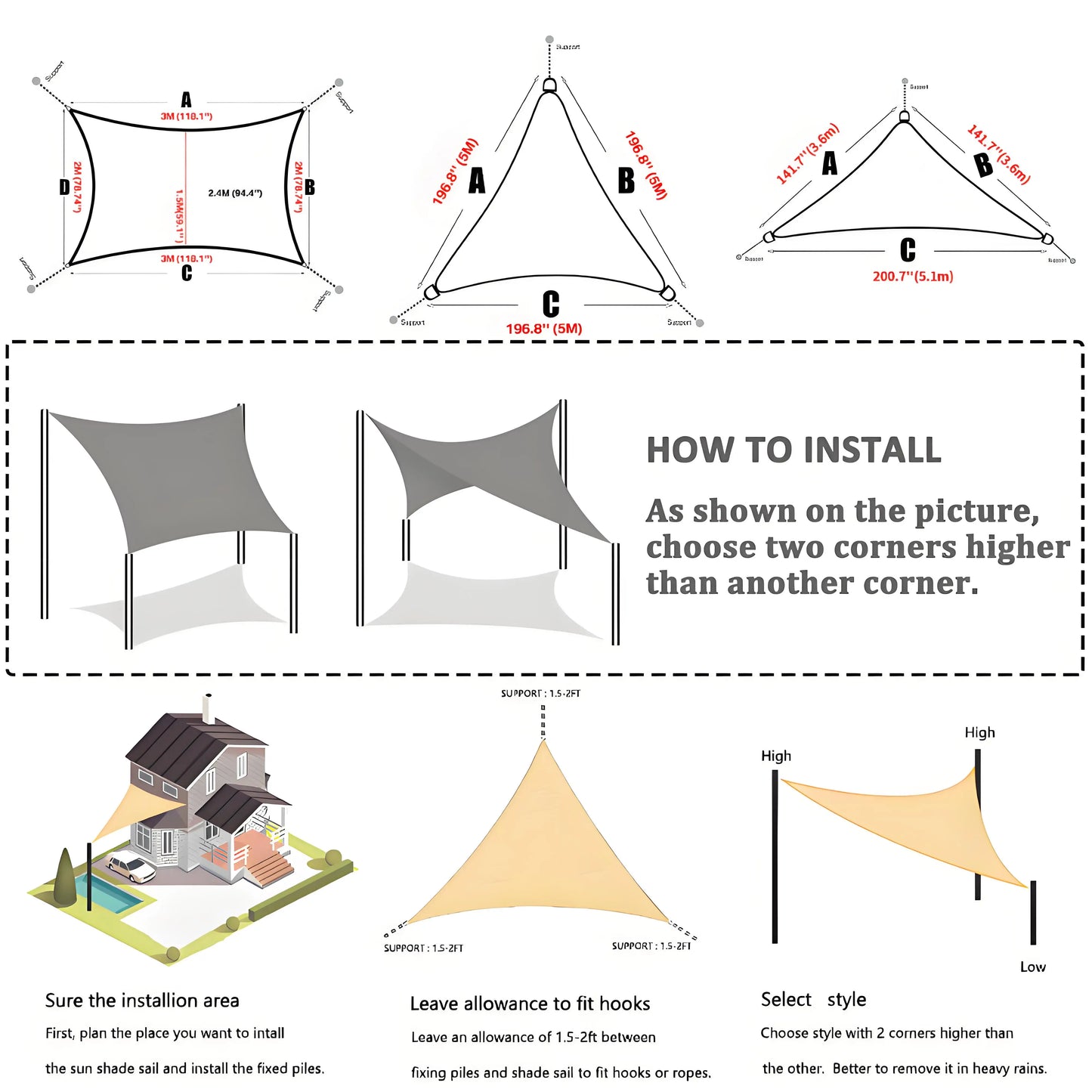 Waterproof Sun Shade Sail Rectangle Square Triangle Garden Sun Shelter UV Block Pool Shade Cloth Canopy Camping Hiking Tents