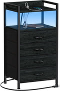 Night Stand with Charging Station, Black Nightstand with Drawers and Led Light, Tall Dresser for Bedroom, Bedside Table