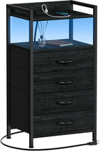 Night Stand with Charging Station, Black Nightstand with Drawers and Led Light, Tall Dresser for Bedroom, Bedside Table