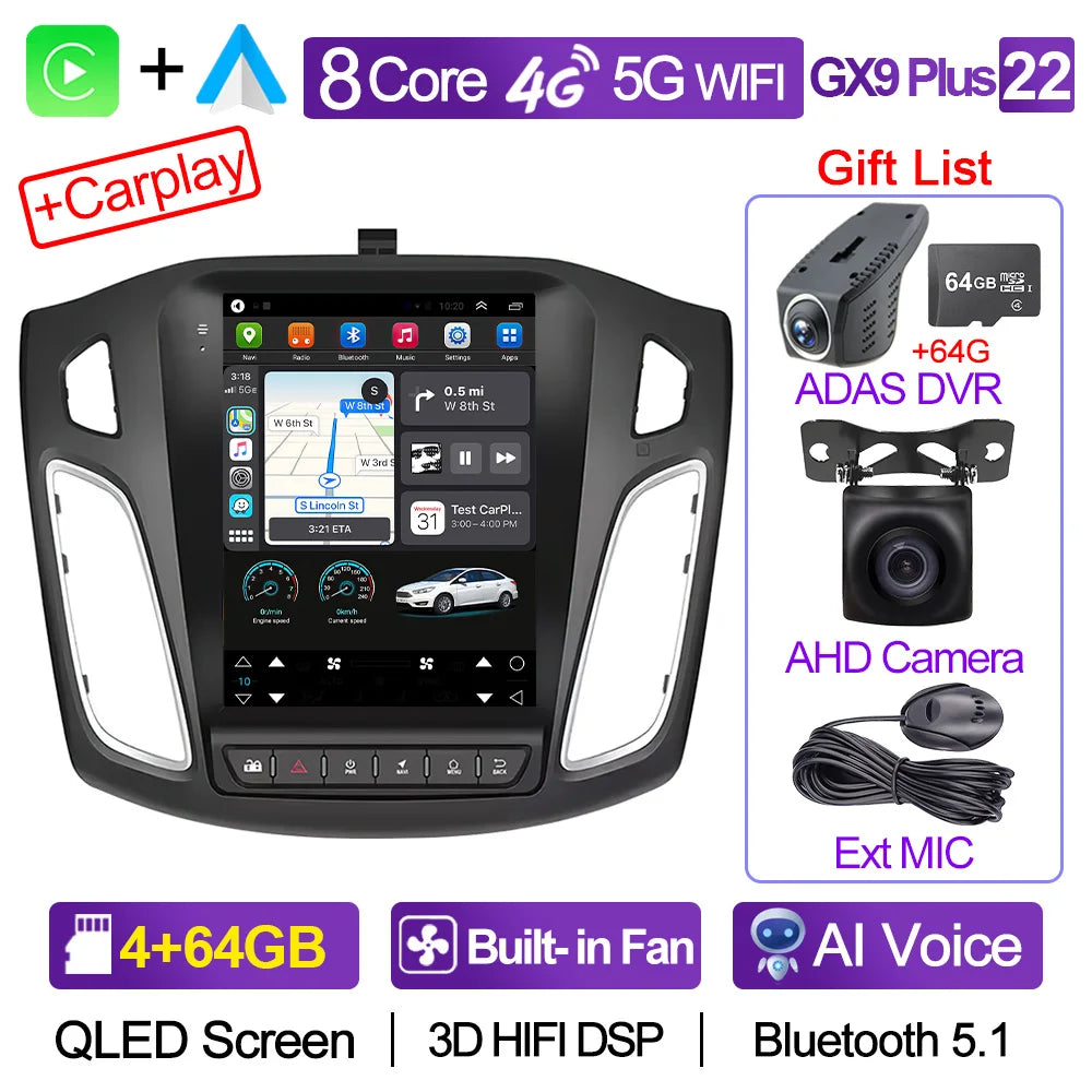 CAIXI GX9 Car Radio Multimedia Player for Ford Focus 3 Mk 3 2011 - 2019 Android 12 2din Carplay Auto Stereo GPS Vertical Tesla