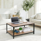 Industrial Coffee Table with Storage Shelf for Living Room, Wood Look Accent Furniture with Vintage Wooden Board Stable Metal F