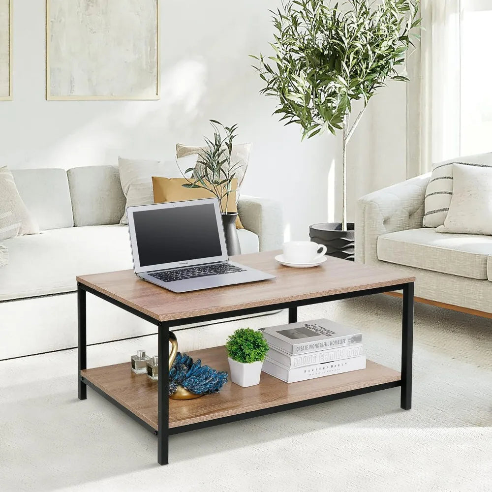 Industrial Coffee Table with Storage Shelf for Living Room, Wood Look Accent Furniture with Vintage Wooden Board Stable Metal F