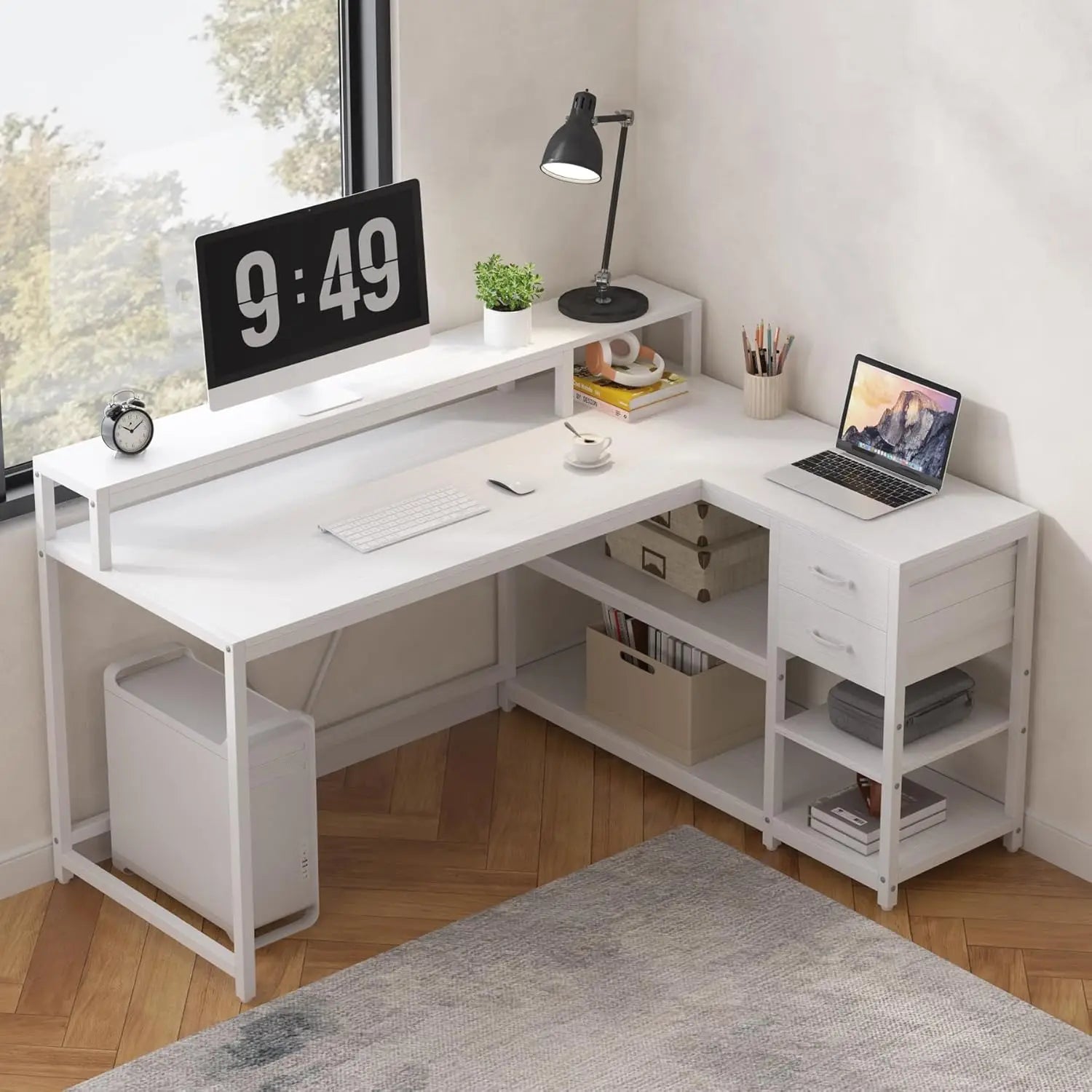 L Shaped Desk with Drawers and Storage Shelves, Home Office L Corner Desk with Monitor Stand, 55" x 24" Desktop Computer Desk