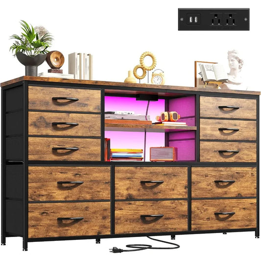 Dresser with LED Lights & Power Outlets, 12 Drawers Dresser TV Stand for 60''TV for Bedroom Dresser Fabric Dressers & Chest