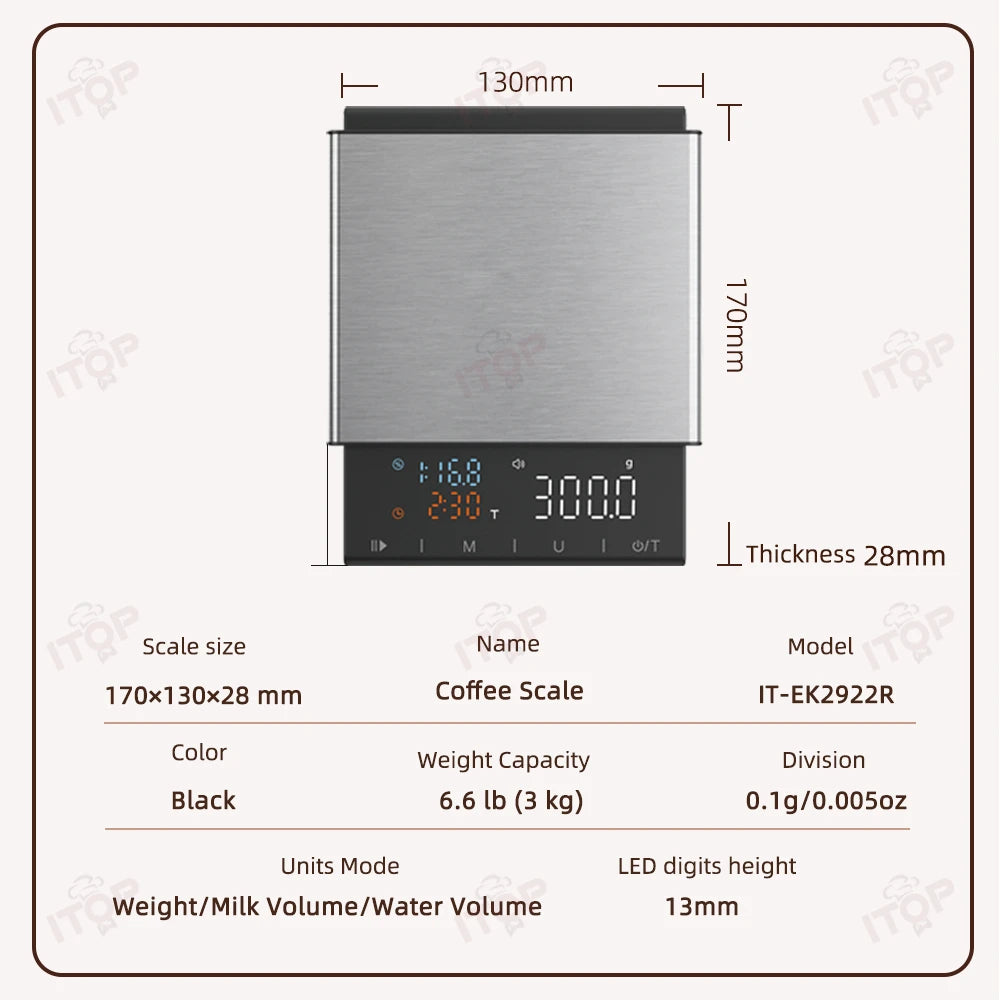 ITOP 2922R Coffee Scale 0.1g/3kg Accurate Weighing Timing Function Gouache Ratio Display Automatic Water Filling Timing