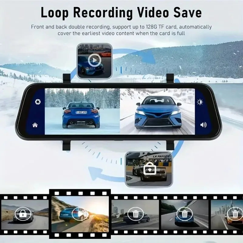 Upgraded 9.66 Full HD CarPlay Screen Mirror Dash Cam – Dual Recording, 24H Parking Mode, Night Vision, Rear Cam Motion Detection