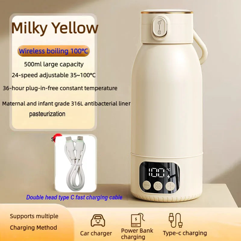 17400mAH 500ML Boiling to 35℃  to 100℃ Wireless Portable Electric Kettle Type C Chargeable Heating Insulation Kettle Milk Bottle