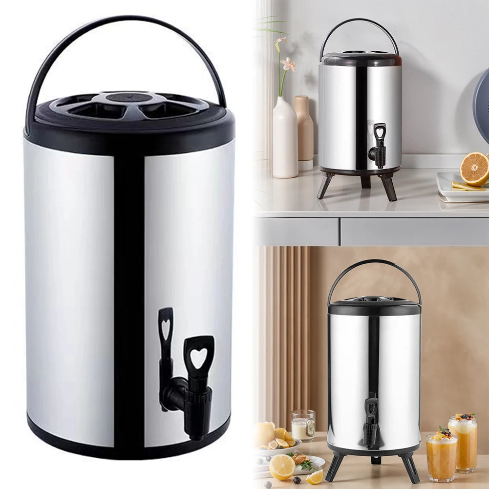 Stainless Steel Double-Layer Container 6L/8L with Faucet Beverage Dispenser Milk Tea Buckets Ideal for Water Milk Tea and Coffee