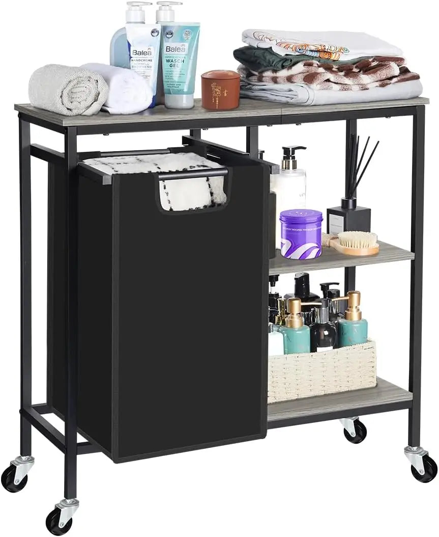 Pull-Out Laundry Basket with Shelf and  three Shelf,Laundry Basket Organizer Section with Removable Laundry Bags for clothes
