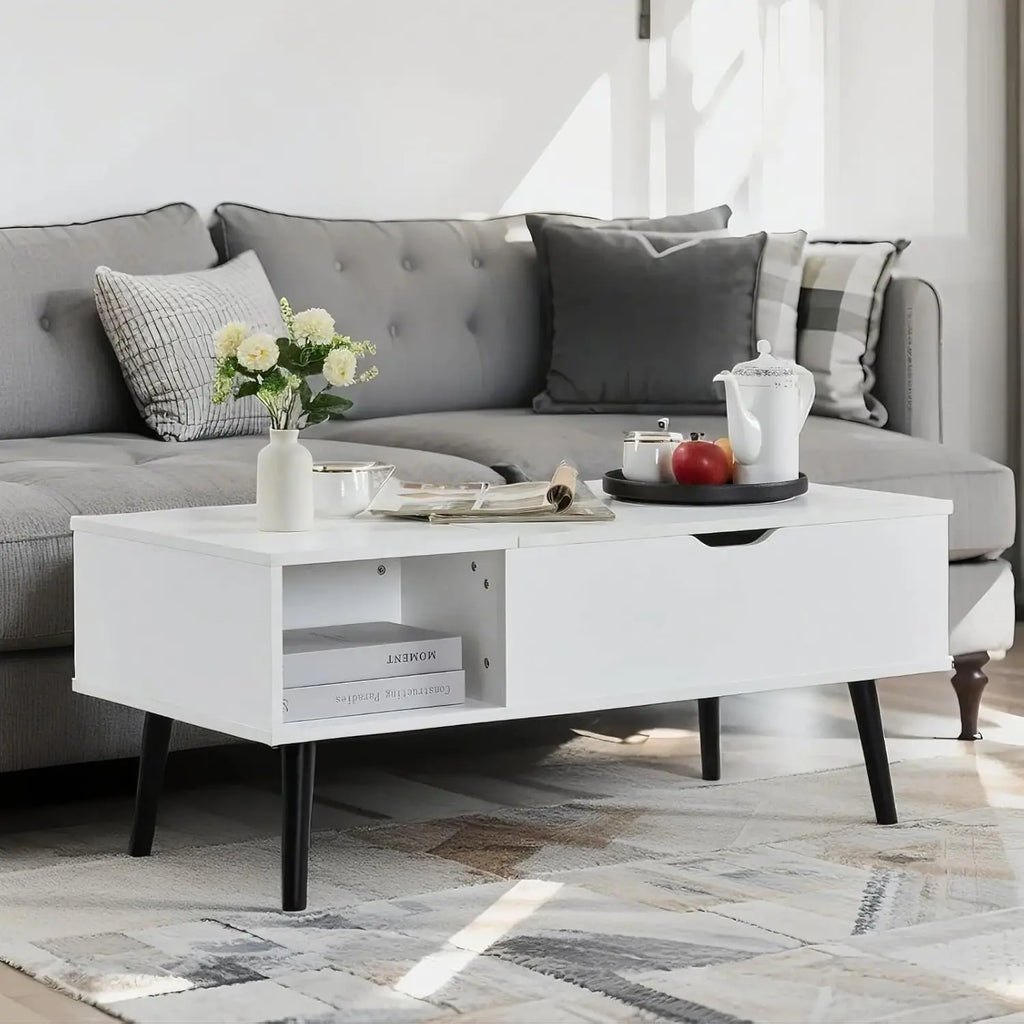 39"Wood Lift Top Coffee Table with Hidden Compartment Wood Coffee Desk with Storage Shelf Lift Tabletop Dining(White)