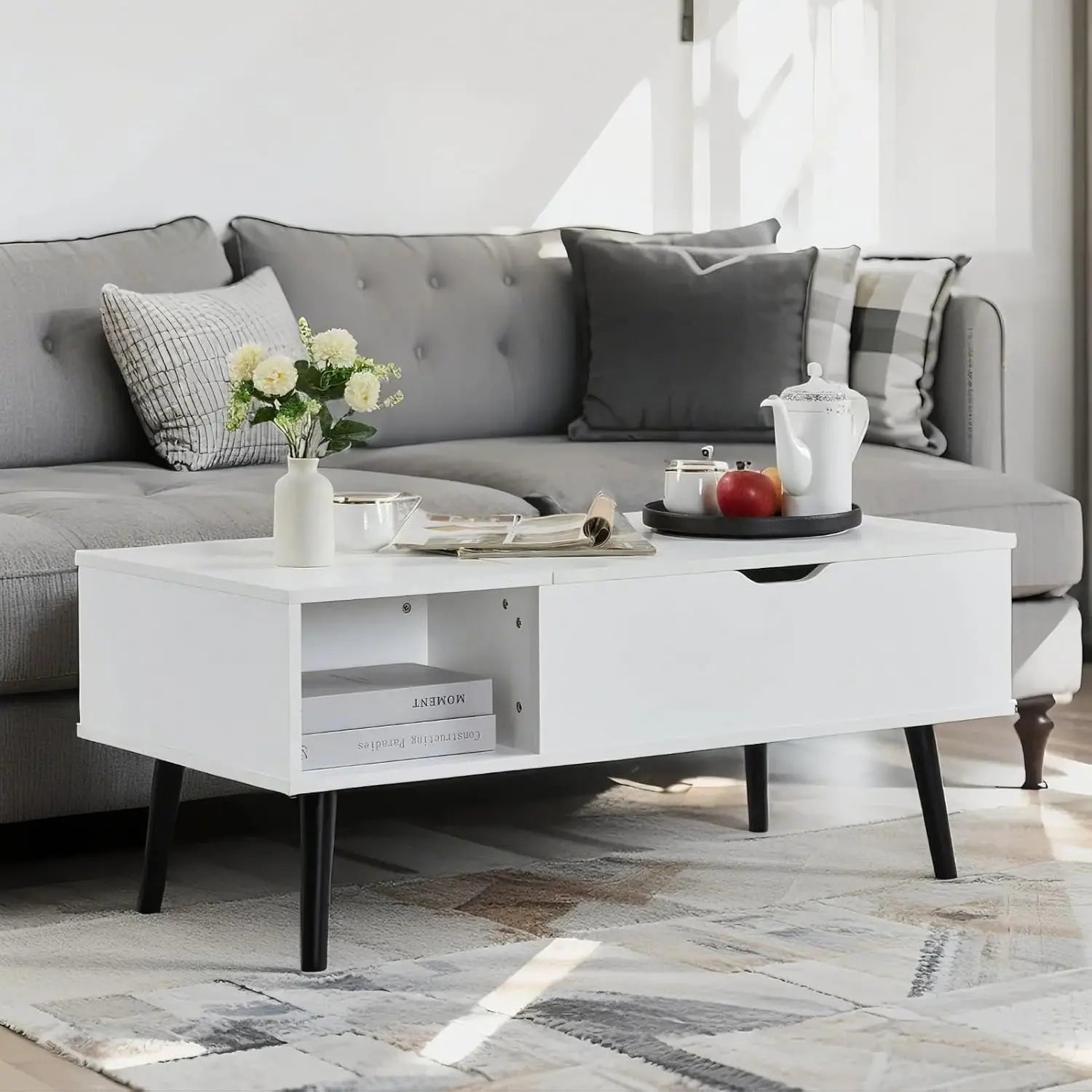 39"Wood Lift Top Coffee Table with Hidden Compartment Wood Coffee Desk with Storage Shelf Lift Tabletop Dining(White)