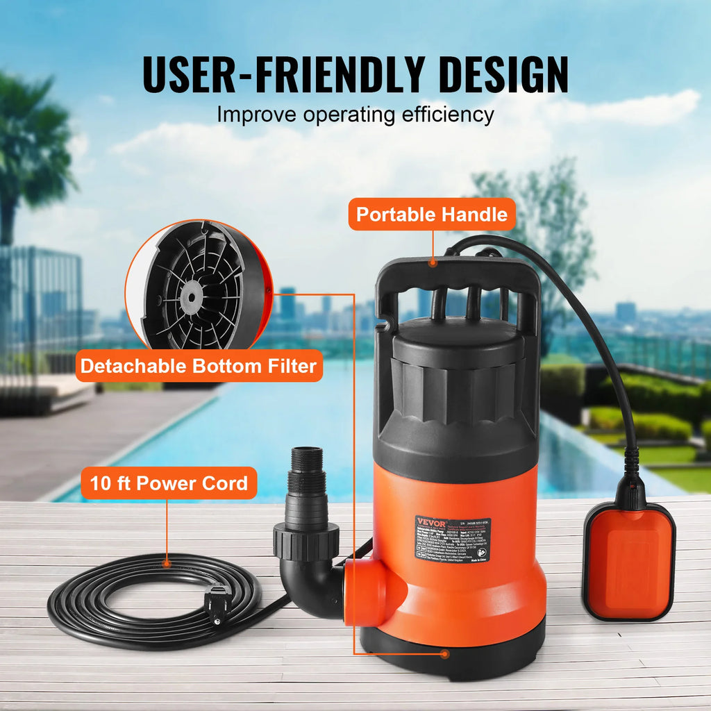 VEVOR Utility Pump 1HP 4000GPH High Flow 31ft Head Sump Pump Submersible Water Pump with 10ft Long Power Cord for Draining Water