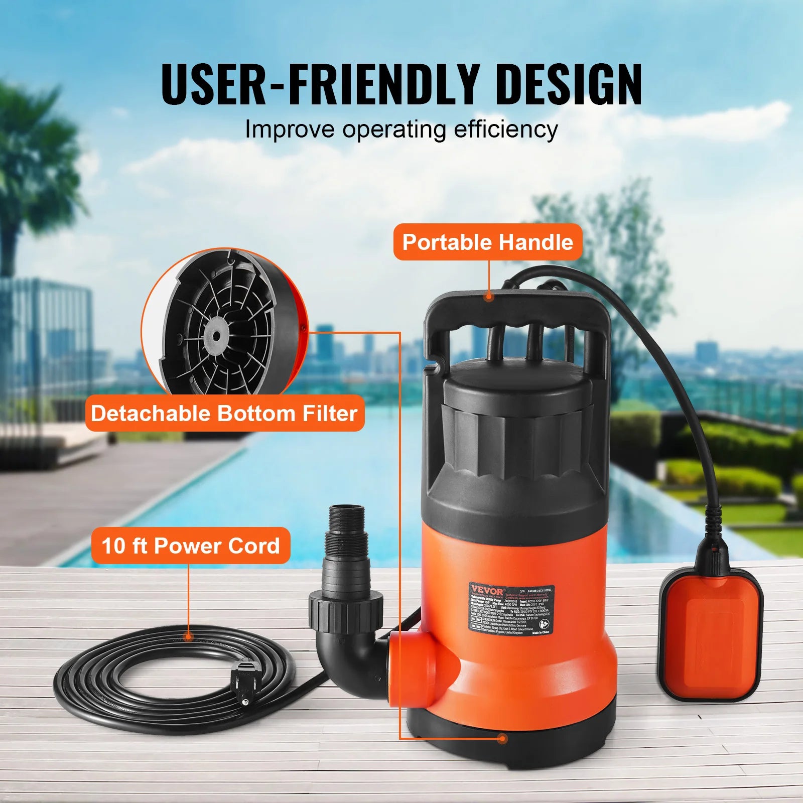 VEVOR Utility Pump 1HP 4000GPH High Flow 31ft Head Sump Pump Submersible Water Pump with 10ft Long Power Cord for Draining Water