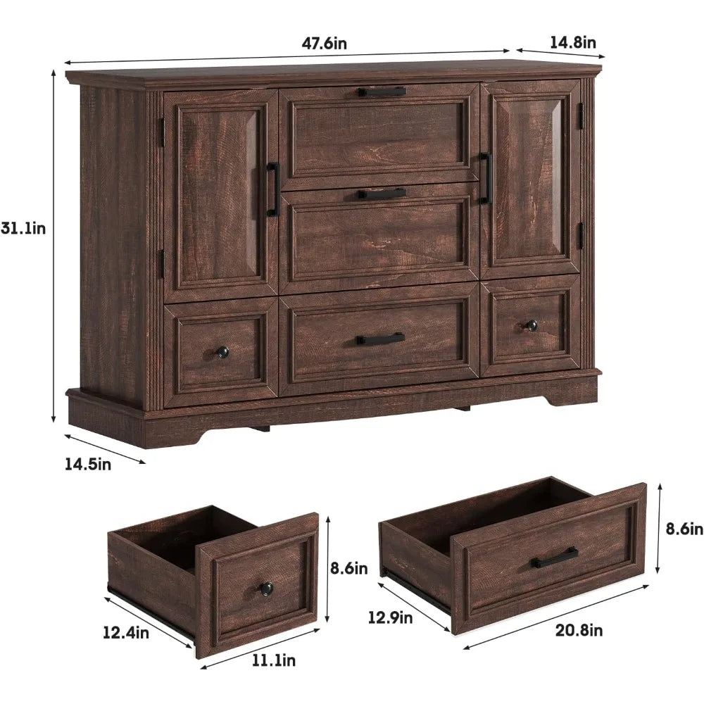 Farmhouse 48" Buffet Cabinet with Storage,Coffee Bar for Kitchen,Living Room,Wood Rustic Sideboard Cabinet w/5 Drawers&2 Groove