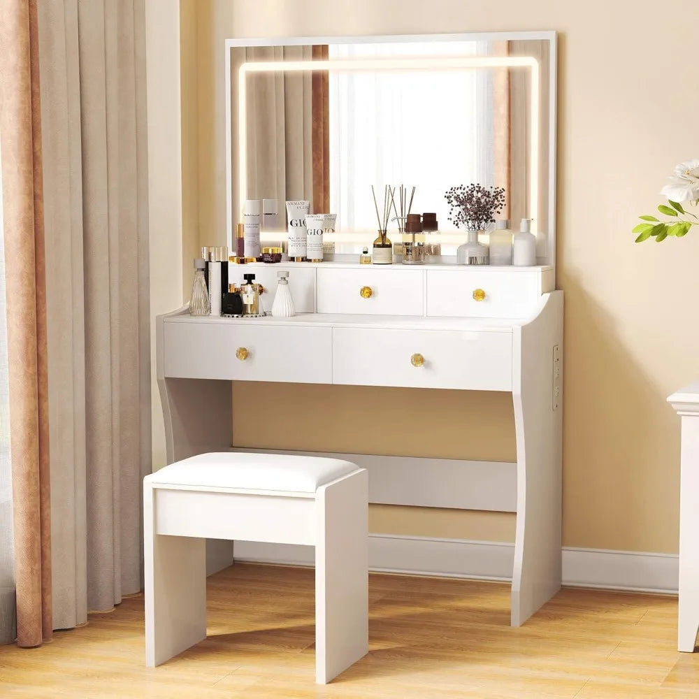 Makeup Vanity Desk with Mirror and Lights, Vanity Table and Chair Set with 5 Drawers and Charging Station, Bedroom Dresser LED